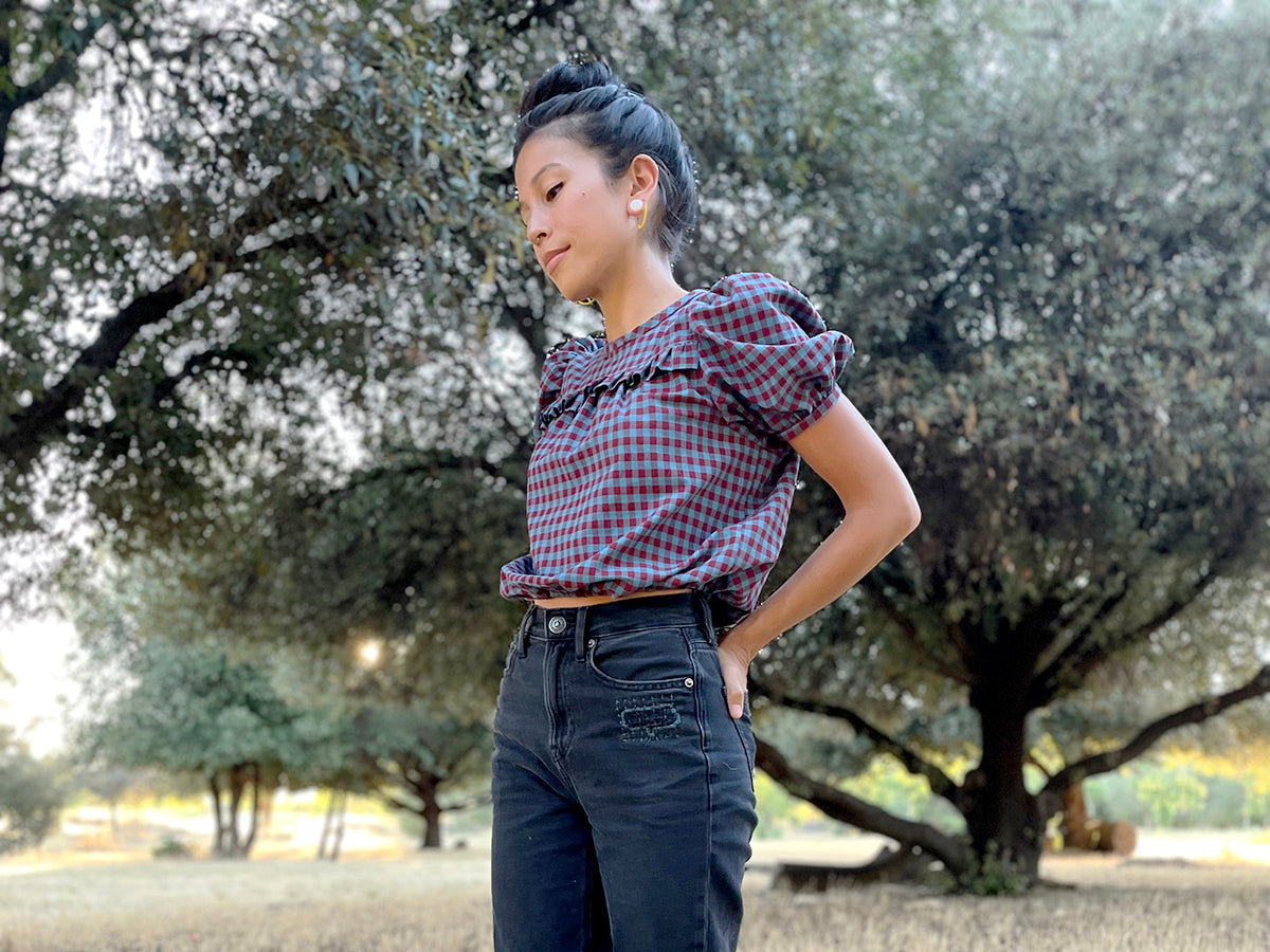 Sagebrush Top Hack with Cropped Tie Up Waist & Cuffed Sleeves, by Leila Makes