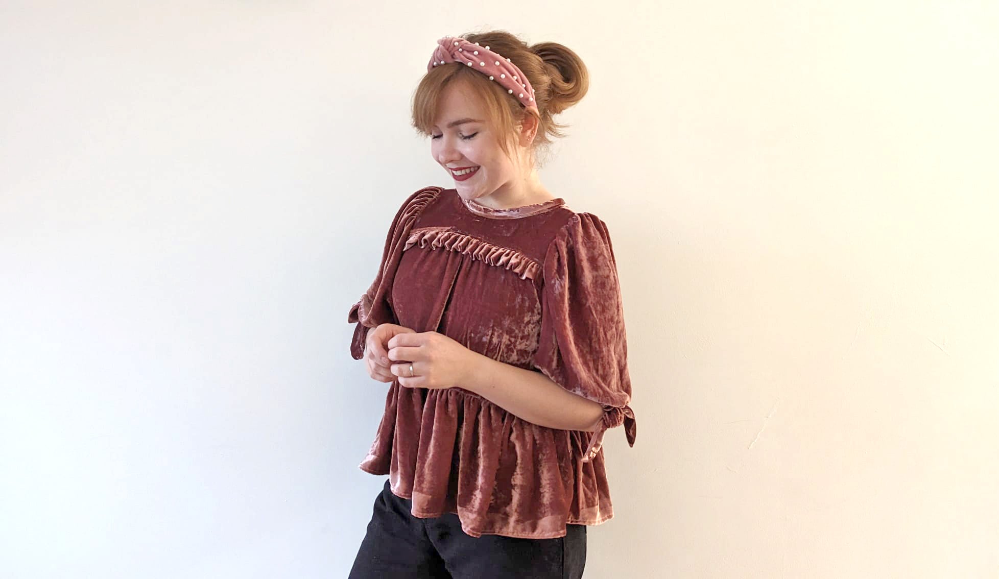 Velvet Sagebrush Peplum Top with Sleeve Bows